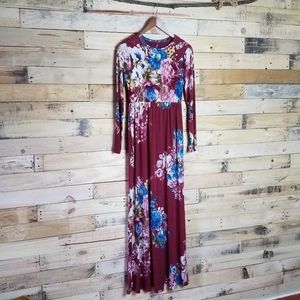 Floral Maxi Dress Long Sleeves Pockets XS/2